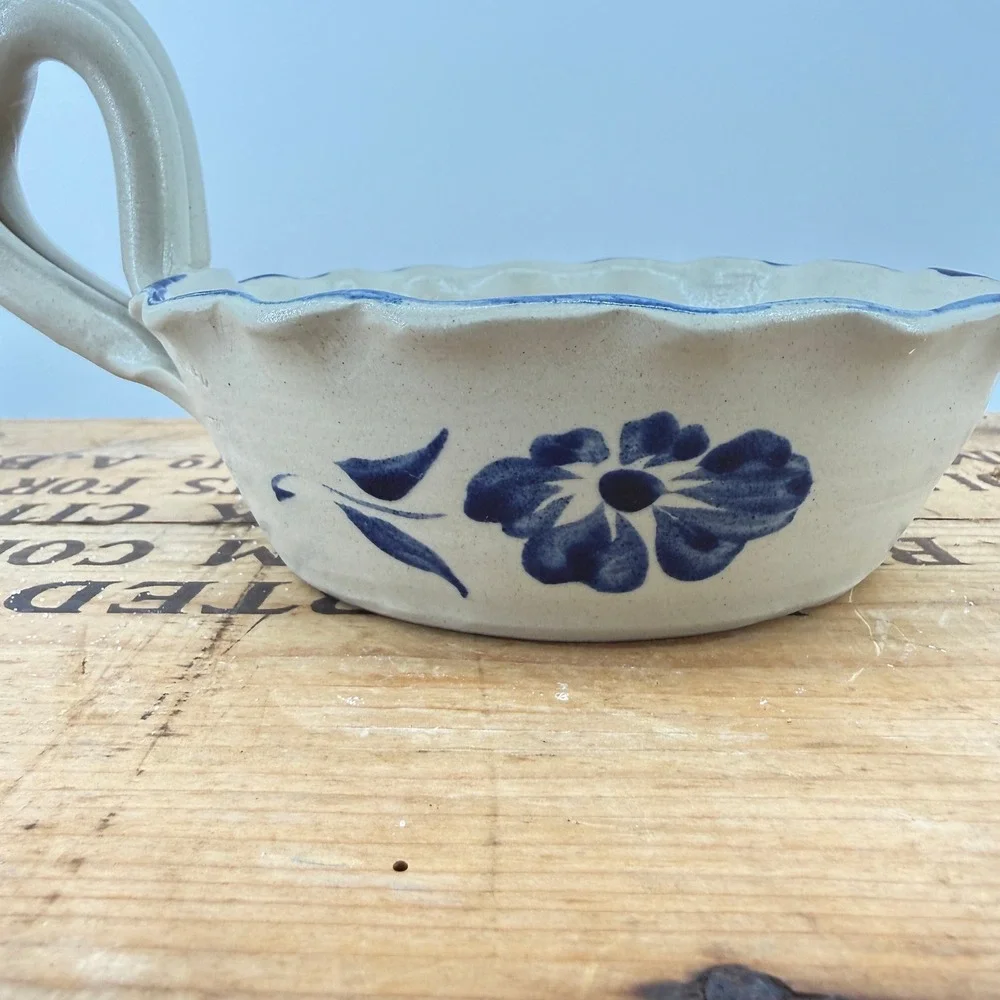 Williamsburg Pottery Chamberstick Candle Holder Cream Blue Floral Stoneware